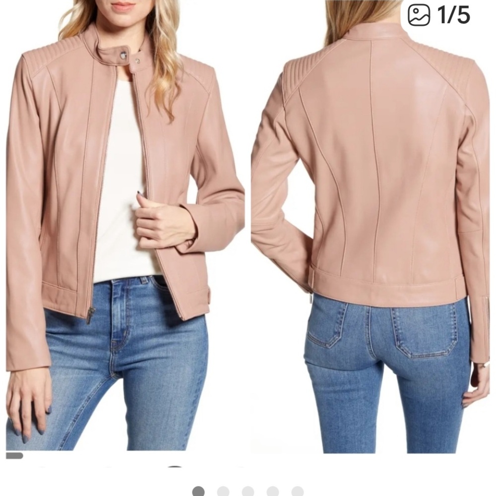 Lambskin leather Cole Haan 3X moto jacket in nude